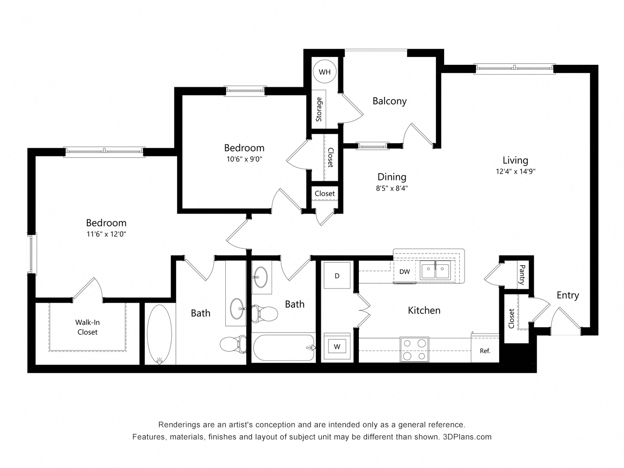 Floor plan for 2 beds, 2 baths, 955 sqft